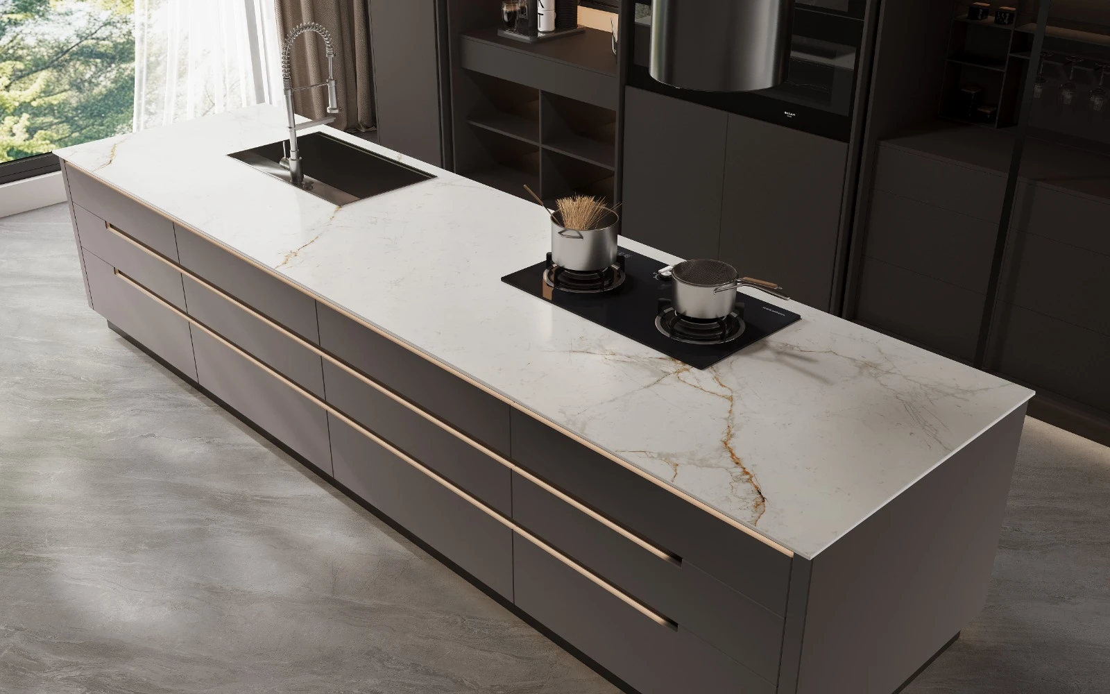 Marfil porcelain island with integrated sink