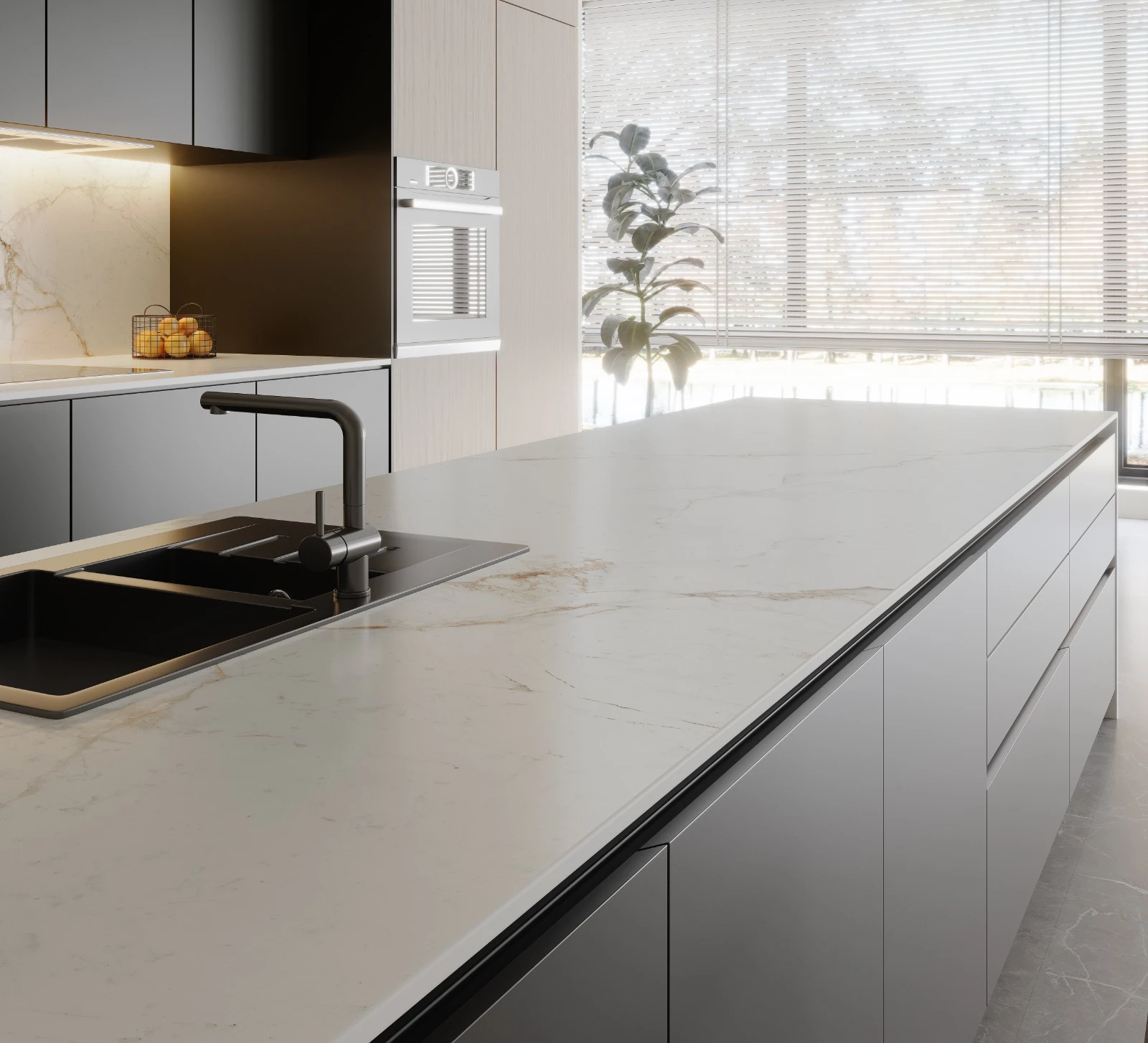 Marfil porcelain island length view