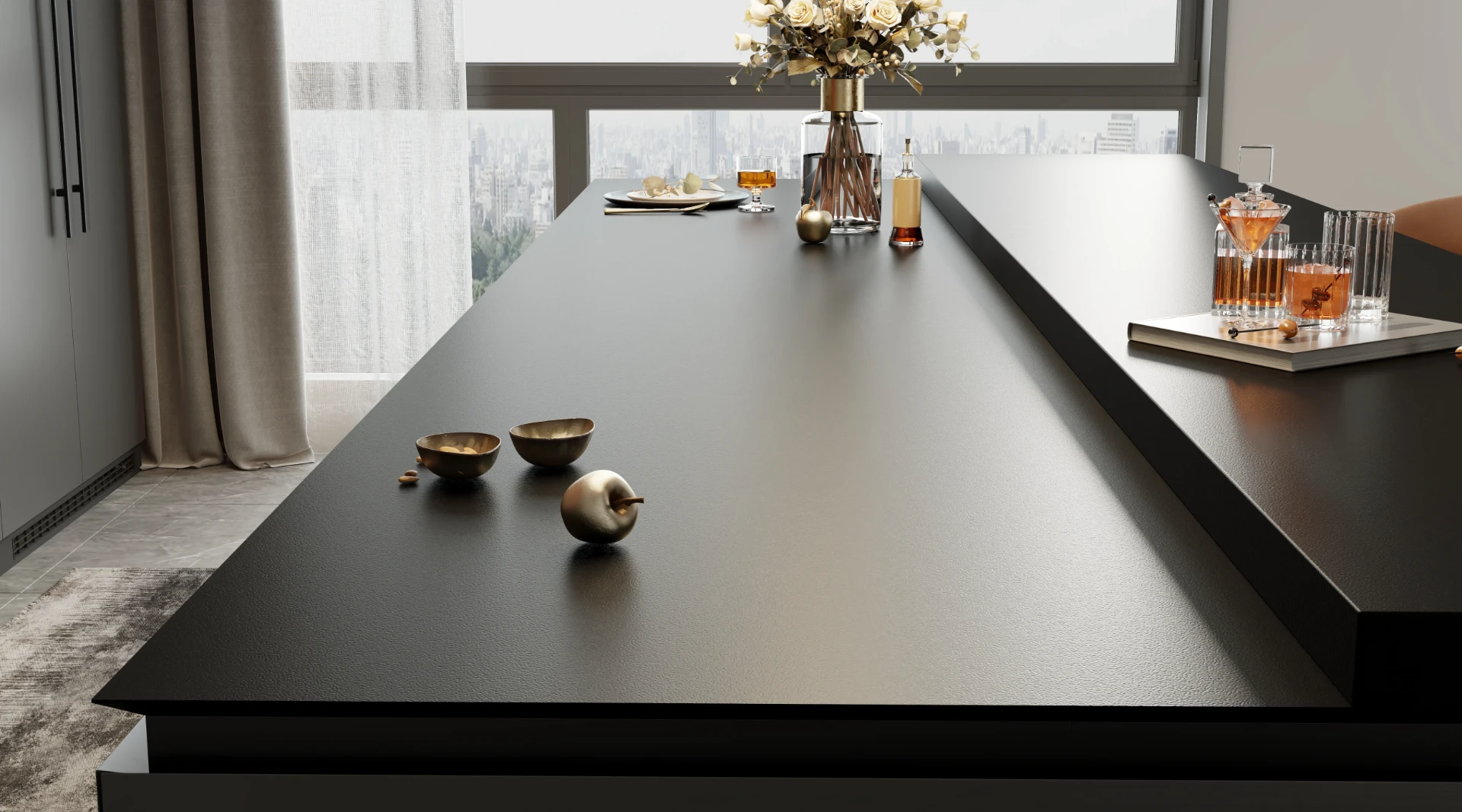 Dark veined porcelain island in a warm architectural kitchen